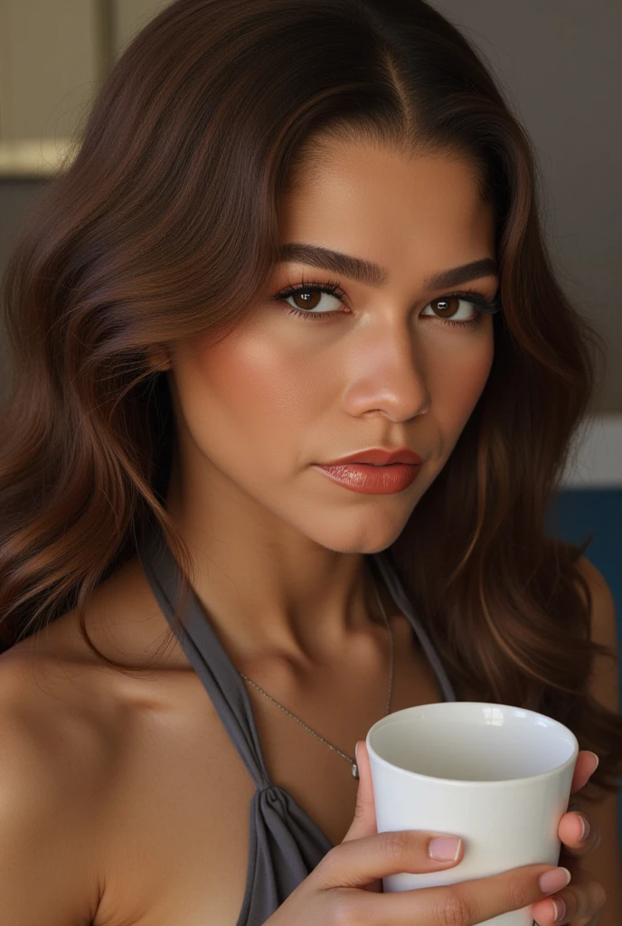 there is a young girl zendaya holding a cup of coffee in her hand, girl cute-fine-face, cute natural texture face, with elegant - fine - face, young actractive face, beautiful Amarican ebony Celebrity girls face, brown hair and large eyes, hot air hostessgirl, beautiful light big eyes, half body shot, zendaya