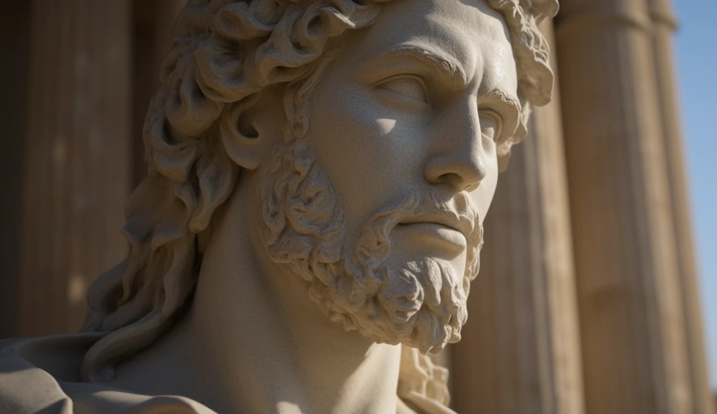 Closeup of a stoic Greek sculpture, virile physiques showcased prominently from the forefront, undeniably reminiscent of a statue of Marcus Aurelius or Zeus, muscle sinews intricately carved in stone, dominant Greek columns obscured gently in the background, cinematic ambiance, 8K resolution, steeped in obsidian hues.