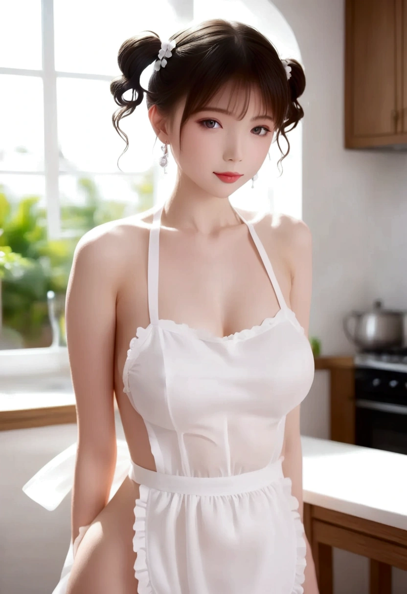 Here is a prompt for a beautiful CG image: Create an extremely detailed and beautiful masterpiece of a young girl, standing alone in her kitchen, wearing a Zongzi apron and a warm smile. Her short hair frames her small head and slender face, adorned with exquisite makeup. She stands with perfect posture, hands behind her back, surrounded by a table filled with sumptuous dishes. The sunlight pours in from the front, highlighting the plump curves of her upper body and casting permanent shadows on her flawless white skin. Her big breasts are prominent, yet tasteful. The indoor setting is cozy and inviting, with a detailed background featuring a summer day view outside. Capture this moment in super high resolution (8k) for an unforgettable wallpaper.