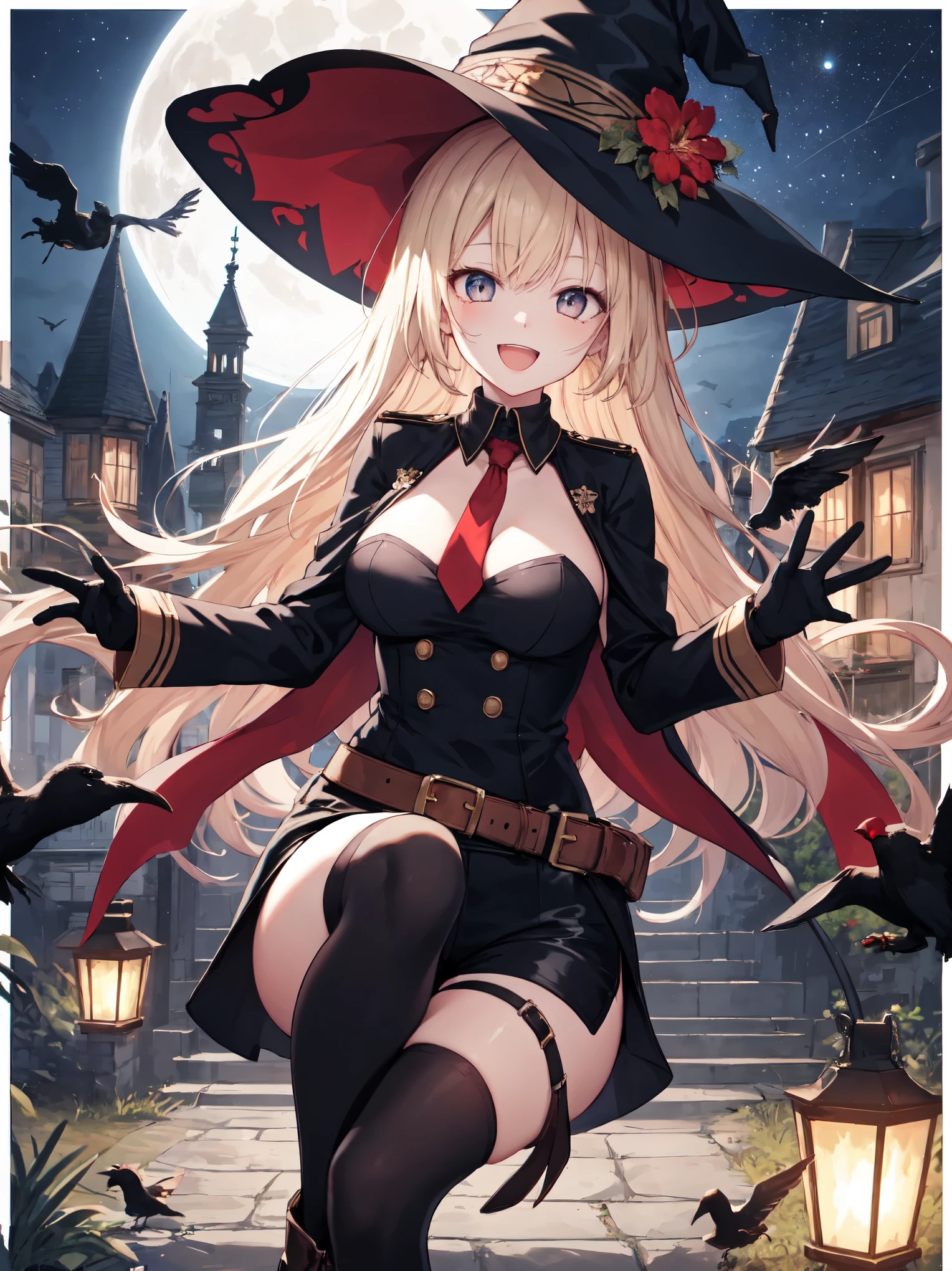 best quality, integrated scenery, integrated background, extremely delicate and beautiful, meticulous details, good composition, , cute face, perfect face, perfect hands,masterpiece, best quality, witch hat, black gloves, thighhighs, looking at viewer, smile, night, trees, black_cats, crows, moon  ,medium_breasts,dark_night_town_landscape cutout, looking at viewer, big_smile , old_town,happy,young_teen,full_of_beans,blond_hair,laugh,:D,open_mouth, glower,rise_knee,short_shorts,short_boots,happy, Hooray_posing,rise_arms,large_flower_ornaments,red_tie,front_closed_black_military_jacket,large_loose_belts,chest_pockets, Sagging_eyes