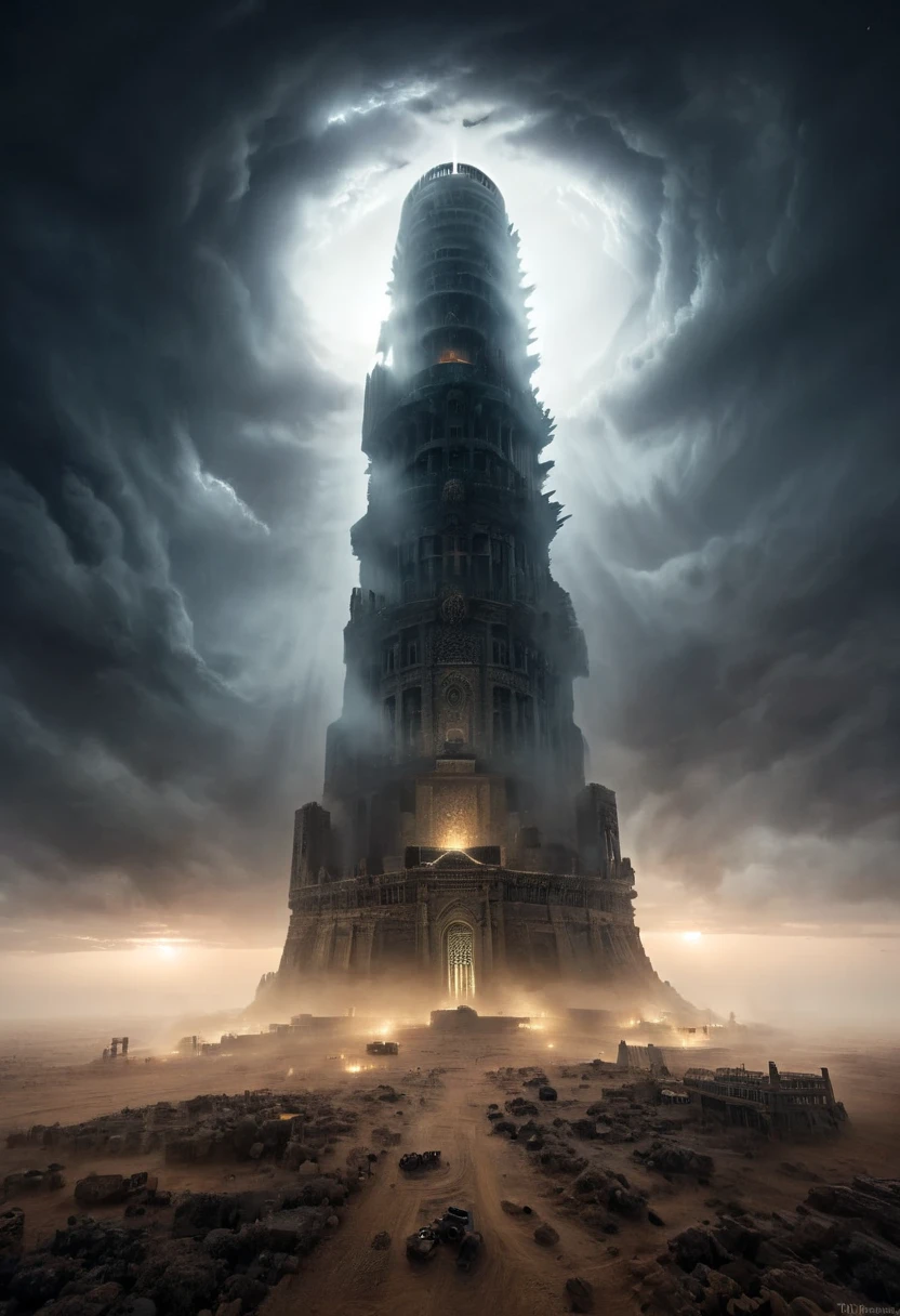 Tower of Babylon, dark, gloomy, emerging from the meetings of the ancient Middle East; around it hundreds of s; the ruins of the tower are clouded by a semi-thick fog in the middle of the sunset; it has a gloomy appearance; a masterpiece; the faint rays of the moon illuminate some portions of the tower