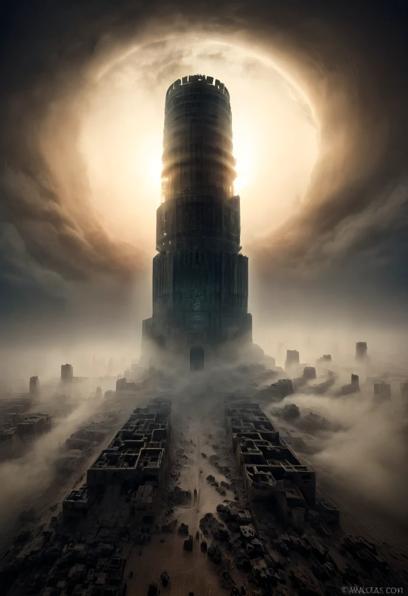 Tower of Babylon, dark, gloomy, emerging from the meetings of the ancient Middle East; around it hundreds of s; the ruins of the tower are clouded by a semi-thick fog in the middle of the sunset; it has a gloomy appearance; a masterpiece; the faint rays of the moon illuminate some portions of the tower