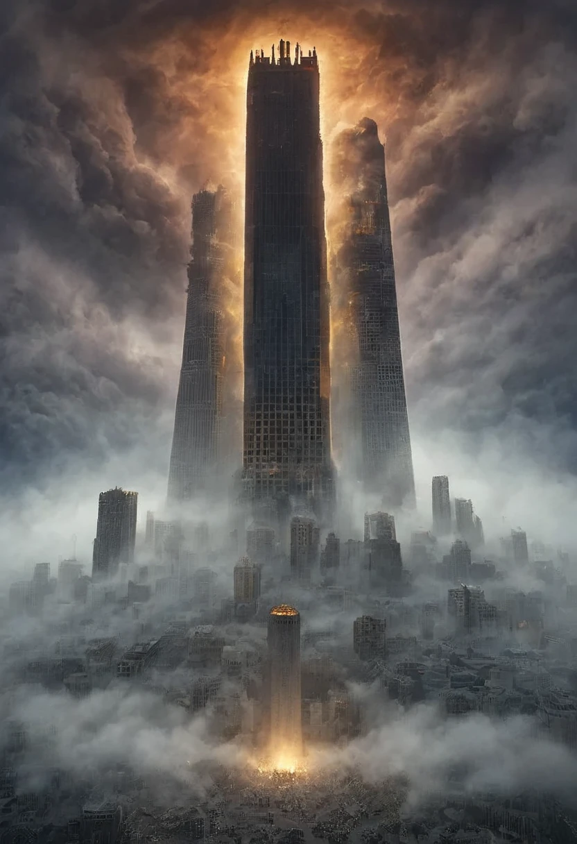 Tower of Babylon, dark, gloomy, emerging from the meetings of the ancient Middle East; around it hundreds of s; the ruins of the tower are clouded by a semi-thick fog in the middle of the sunset; it has a gloomy appearance; a masterpiece; the faint rays of the moon illuminate some portions of the tower