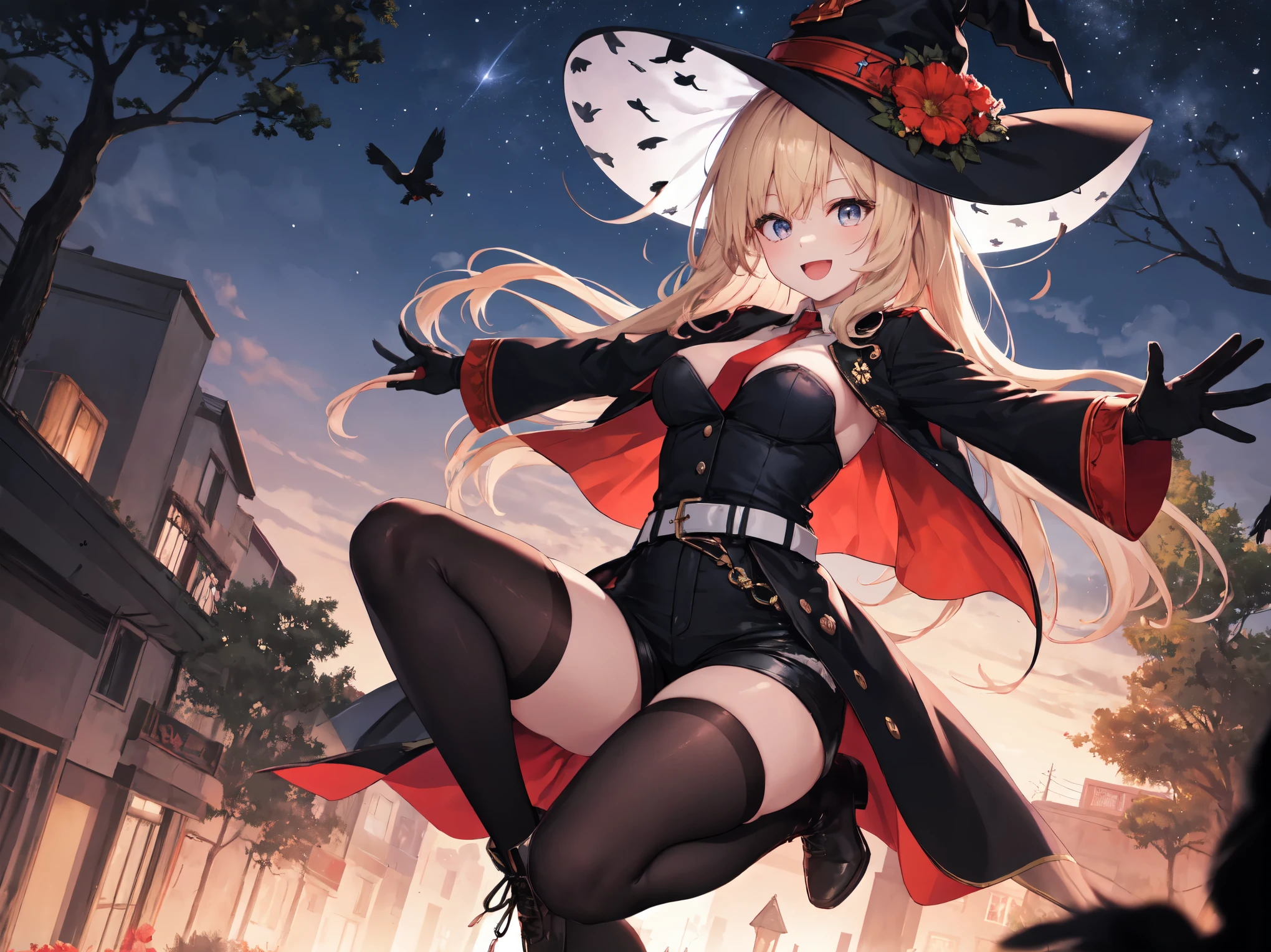 best quality, integrated scenery, integrated background, extremely delicate and beautiful, meticulous details, good composition, , cute face, perfect face, perfect hands,masterpiece, best quality, witch hat, black gloves, thighhighs, looking at viewer, smile, night, trees, black_cats, crows, moon  ,medium_breasts,dark_night_town_landscape cutout, looking at viewer, big_smile , old_town,happy,young_teen,full_of_beans,blond_hair,laugh,:D,open_mouth, glower,rise_knee,short_shorts,short_boots,happy, Hooray_posing,rise_arms,large_flower_ornaments,red_tie,front_closed_black_military_jacket,large_loose_belts,chest_pockets, Sagging_eyes