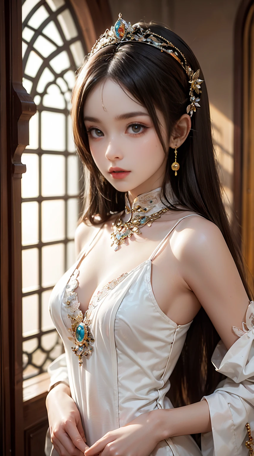 (highest quality, High resolution, Realistic:1.2), Dramatic lighting, Oil, Detailed skin texture, long flowing hair, Elegant pose, Bright colors, Fine brushwork, Portraiture, Realistic makeup, Strong gaze, Delicate features, Complex background, Professional illustrations、((Lace fabric 1.5)))、Small breasts 1.5、(((Naked 1.5、Full Nude 1.5)))