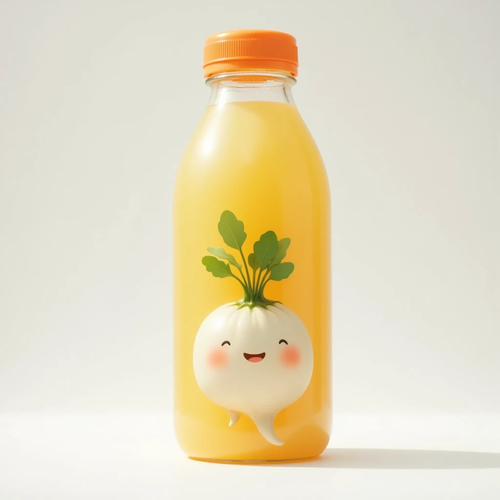 A cute daikon is drawn on the ,  package containing orange juice in a transparent PET bottle of juice , 包装にかわいい大根が描かれている