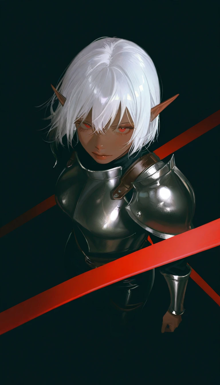 detailed face, detailed body,shiny skin,photorealistic, dutch angle, masterpiece, best quality, amazing quality, very aesthetic, absurdres,  newest, scenery, volumetric lighting,
view from above,
girl white hair red eyes dark skin elf ears dressed in leather armor standing in a stretched bow aiming at the viewer black background,черный макияж 