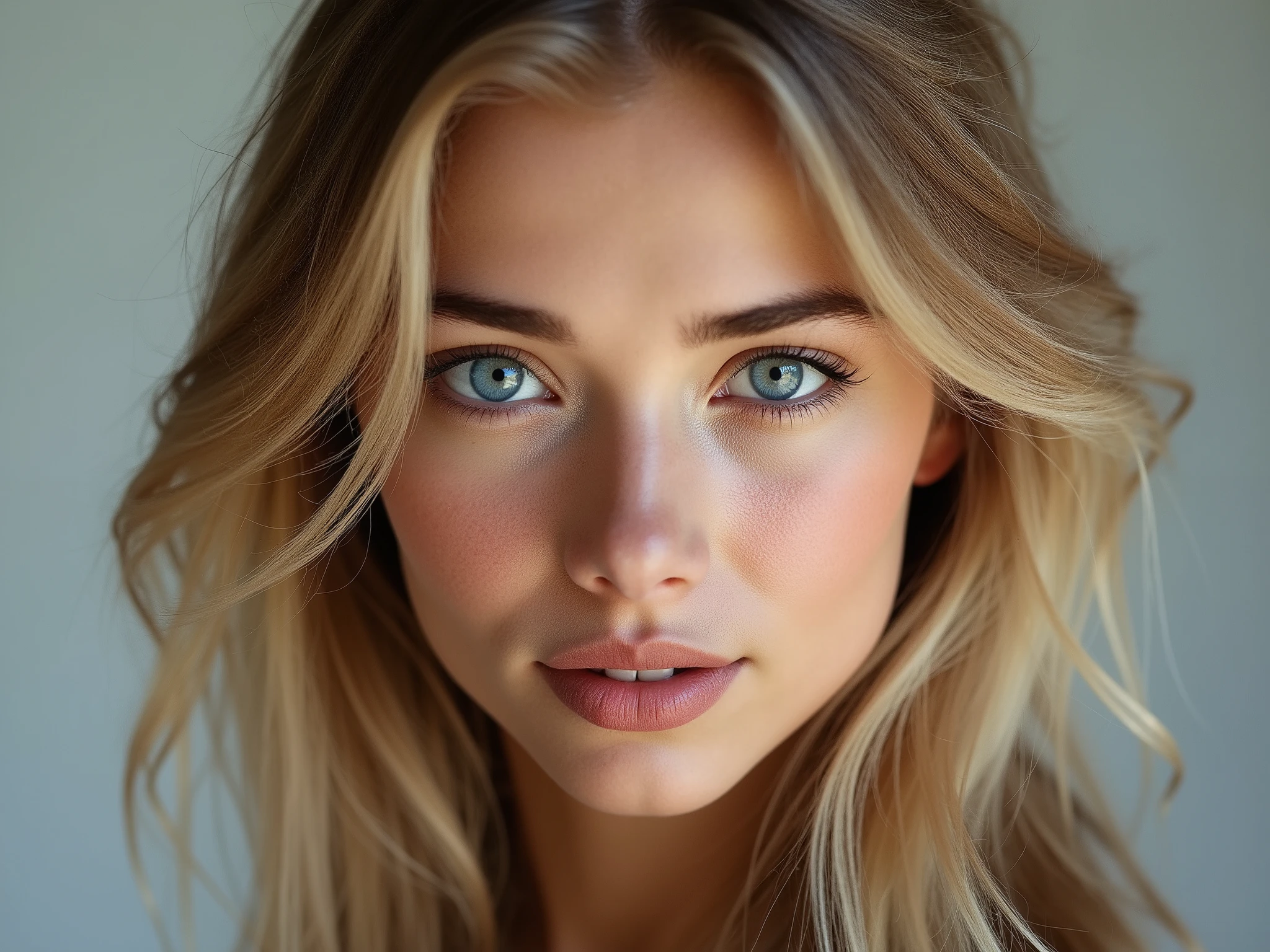 An 18-year-old Russian girl with loose golden hair, sharp features, radiant skin and sparkling blue eyes. He looks directly at the camera. Portrait.