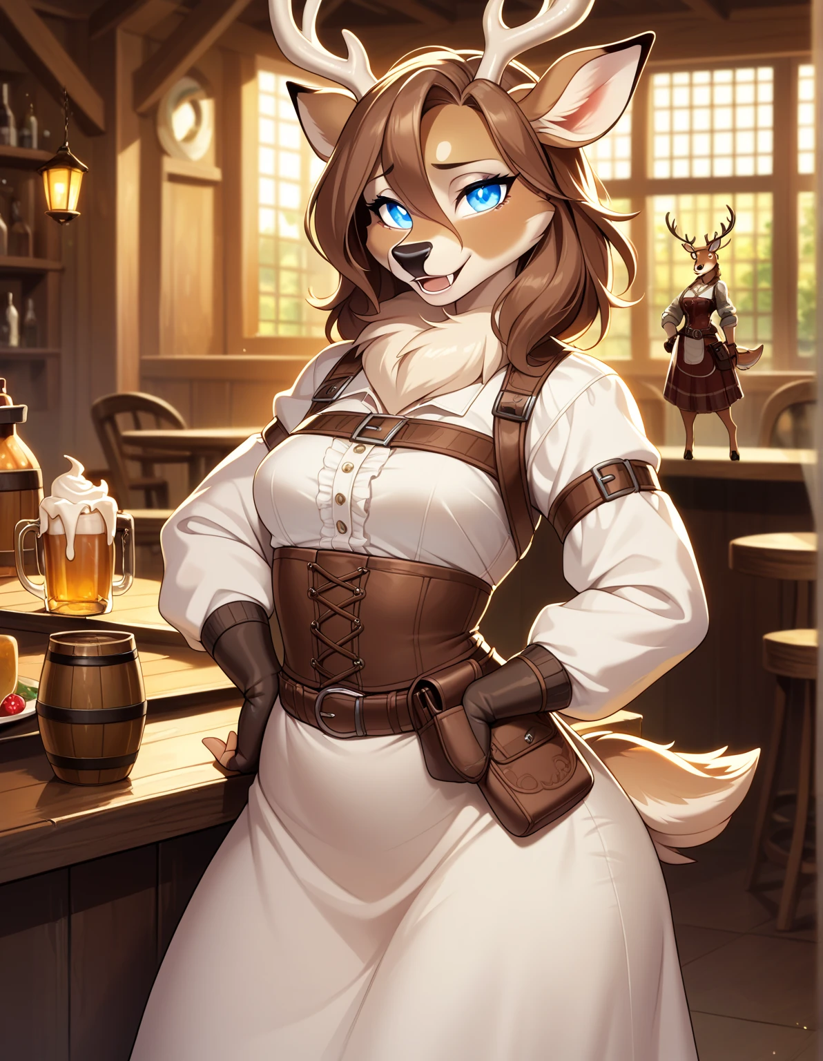 1girl, tail, furry, animal_ears,glowing blue_eyes, brown_hair, belt, looking_at_viewer, furry_female, gloves, deer_tail, sad smile, deer_ears, fingerless_gloves, hair_between_eyes,long skirt, hand_on_hip, snout, breasts, pouch, brown_gloves, cream white corset, deer_girl, fangs, medium_hair, long_sleeves, small_breasts, brown_belt, artist_name, tavern outfit