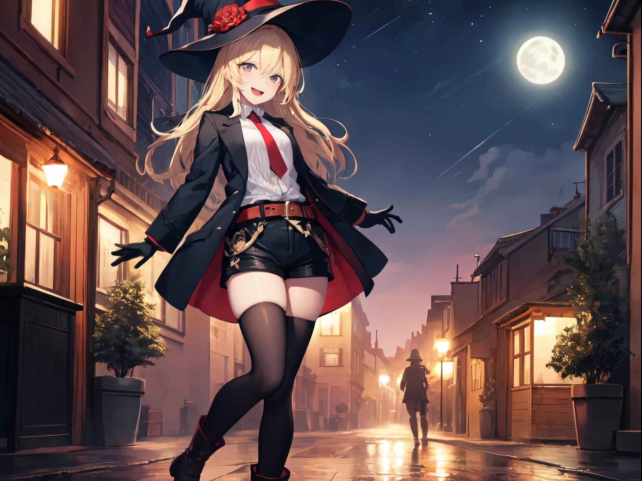 Anime girl in a black hat and red cape walking down a street - SeaArt AI