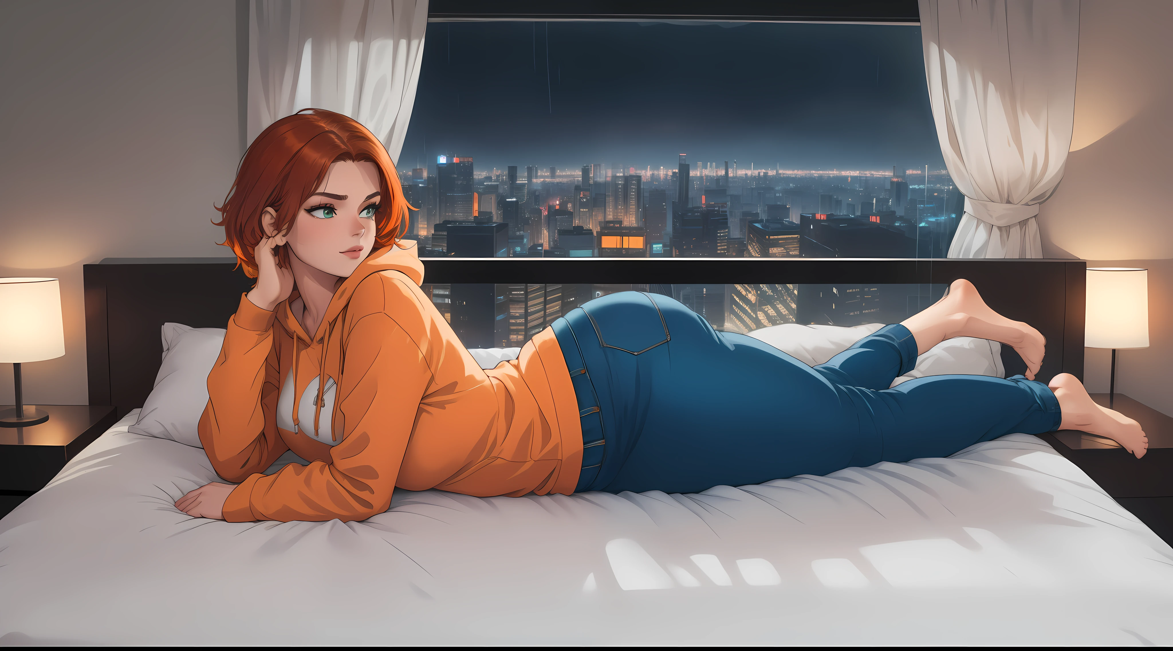 "Create a cinematic, cozy bedroom at nighttime with a modern urban setting. A large glass window reveals a futuristic cityscape with neon lights glowing against a rainy backdrop. The perspective is from a distance, showing the entire bedroom layout. A young woman med breast with short auburn hair lies comfortably on the bed, fully visible, her body relaxed with her legs stretched out naturally. She wears an orange hoodie and fitted blue jeans. The bed is neatly made with soft green bedding, and warm light from a bedside lamp contrasts with the cool, rainy city view. The wooden floor, plants, and small decor details complete the tranquil and reflective atmosphere."
