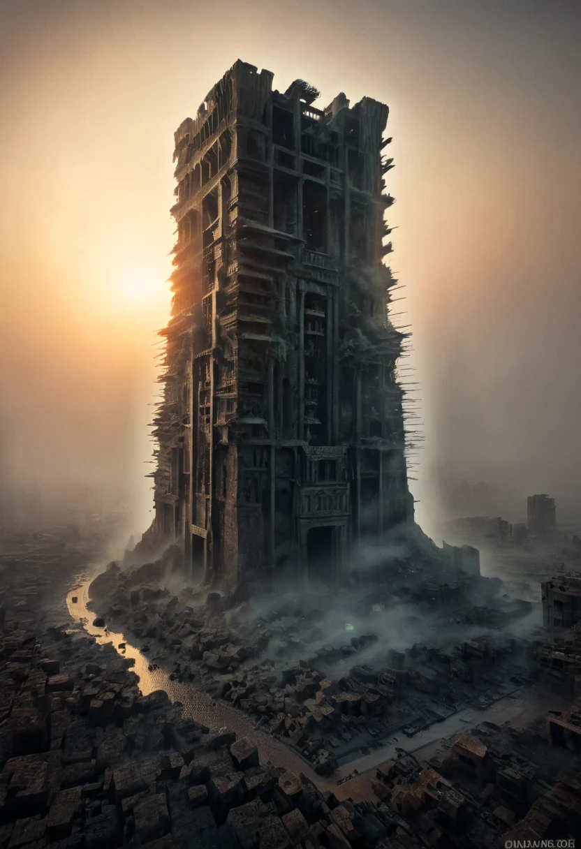 The Tower of Babylon, half-destroyed, dark, gloomy, emerging from the ruins of the ancient Middle East; around it are hundreds of s; the ruins of the tower are clouded by a semi-thick fog in the middle of the sunset; it has a gloomy appearance; a masterpiece; the faint rays of the moon illuminate some portions of the tower