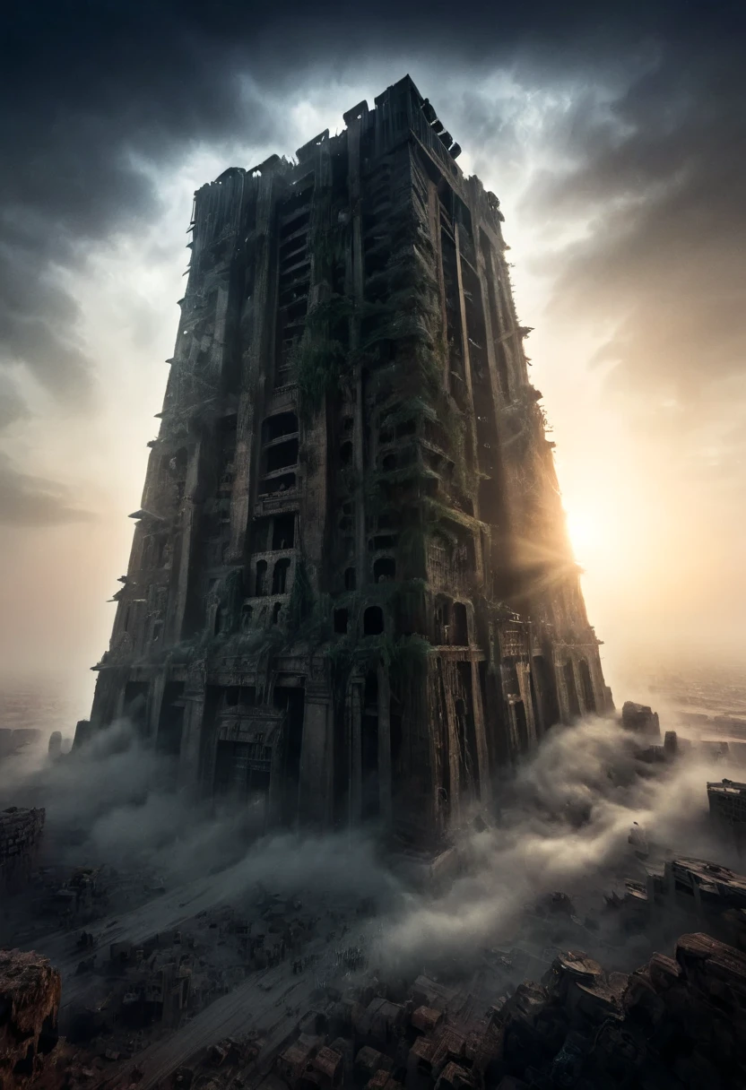 The Tower of Babylon, half-destroyed, dark, gloomy, emerging from the ruins of the ancient Middle East; around it are hundreds of s; the ruins of the tower are clouded by a semi-thick fog in the middle of the sunset; it has a gloomy appearance; a masterpiece; the faint rays of the moon illuminate some portions of the tower