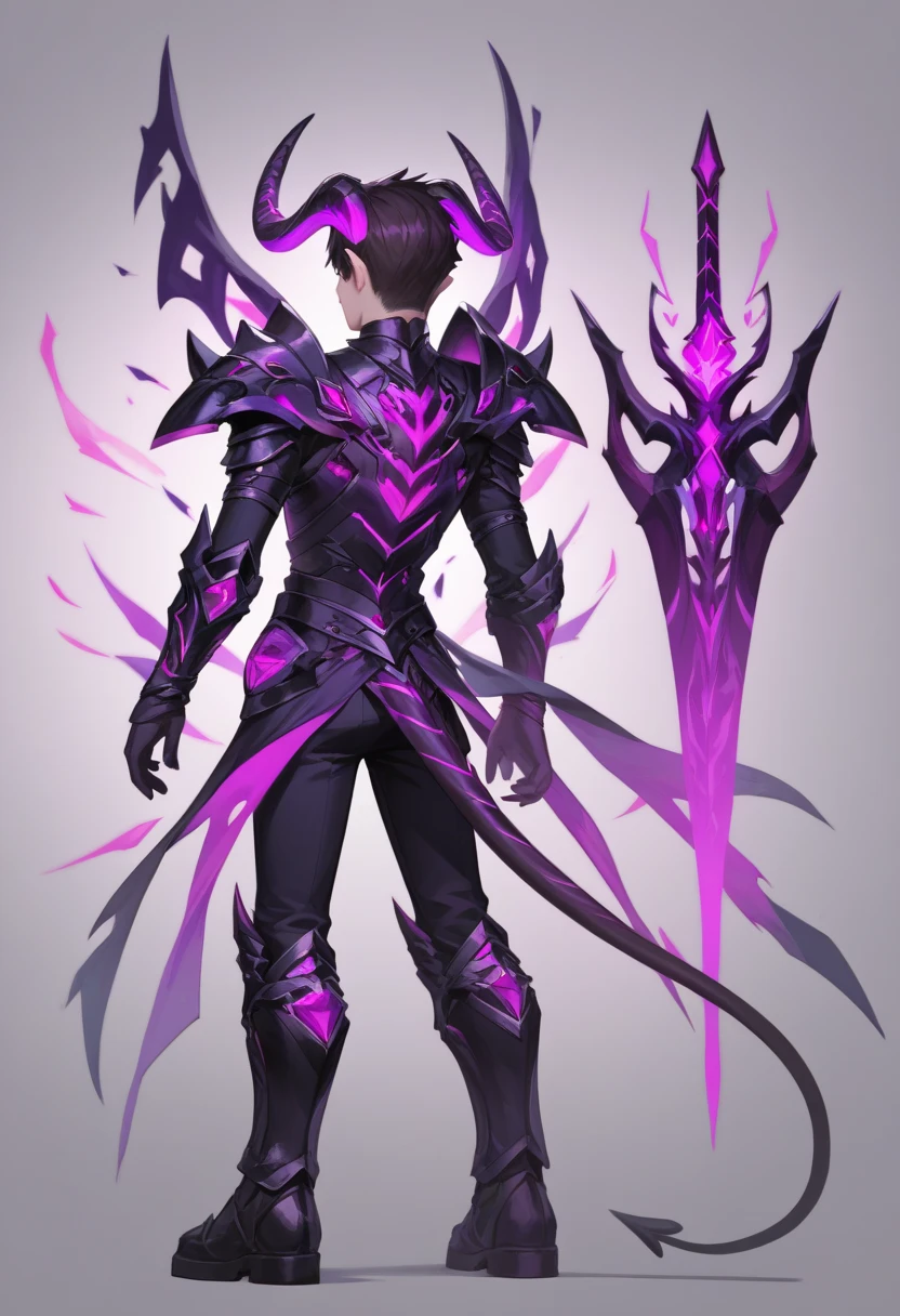 ((masterpiece)),(((best quality))),(character design sheet, same character, front, side, back), illustration, male, black, evil, purple, neon purple, menacing, powerful, black demonic armor, electric, purple energy, power 