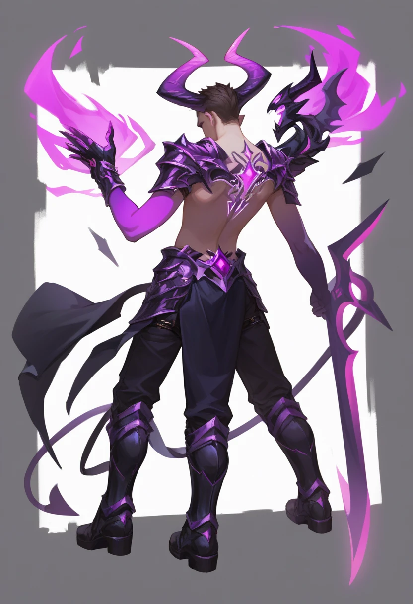 ((masterpiece)),(((best quality))),(character design sheet, same character, front, side, back), illustration, male, black, evil, purple, neon purple, menacing, powerful, black demonic armor, electric, purple energy, power 