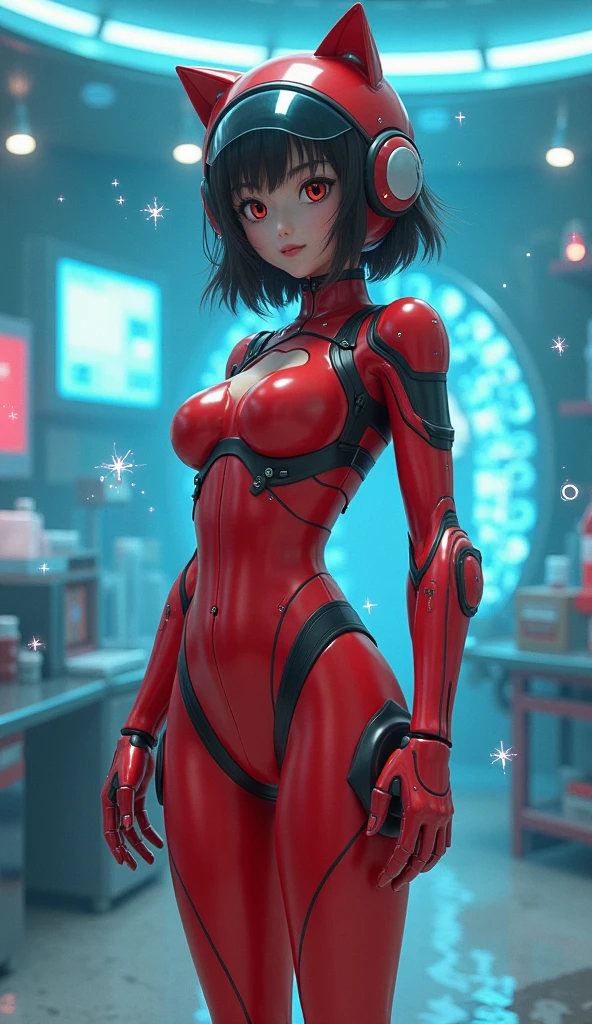 8k wallpaper, perfect lighting, masterpiece, slim fit girl, doll joints, android girl, sexbot, short red hair, bobcut, large luminous red eyes, plump smiling lips, mechanical joints, wires and sensors on them, the skin resembles flesh-colored plastic, the glass window of the brothel behind which he sits in a seductive pose, offer herself, looking at you, perfect medium breast, whole body, full body shot, face, cameltoe pussy, cyberworld, cables are connected to the back, Dorothy Haze, Dramatic lighting, by hajime sorayama