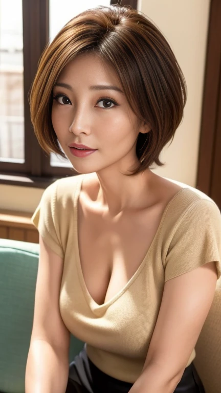 UHD, masterpiece, anatomically correct, super detail, best quality, 8k、 Japanese mature 、60 talents、 realistic facial wrinkles:1.4、Sexy Housewife、A neat and clean married woman:1.2、In the living room、Wear a v-neck sweater　break　 wearing pencil skirt 、elegant short hairstyle、