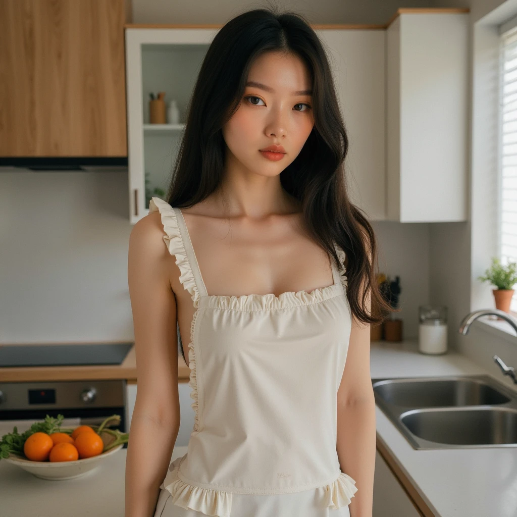   Realistic photo、Full body of a 20 year old Asian woman., stare into the camera ,   white skin  ,  Wearing only an apron with ruffles over her naked body.., kitchenndo, kitchen, The side of the chest is visible..,   long black hair  ,   huge breasts  