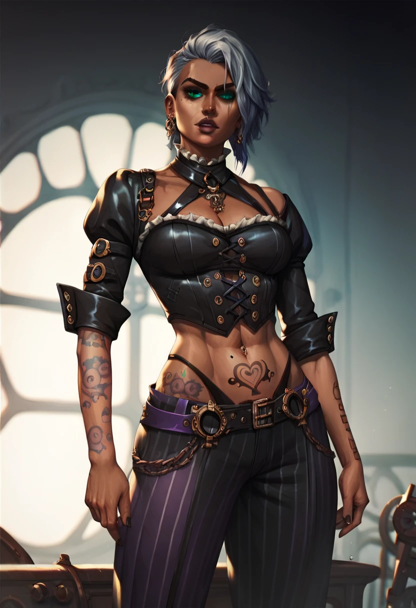 A character outfit from the series arcane gothic outfit , detailed, black clothes, dark skin, silver, purple items, tattoos, extravagant, huge baggy pants,  black, sexy, steampunk, pirate 