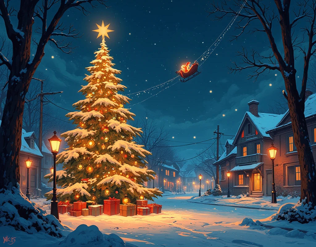  Christmas Eve Illustrations  ,Snowy Night,  cityscape shrouded in light,  christmas tree , Shining Star,  Romantic atmosphere  ,  Santa Claus' sleigh , Quiet and quiet  ,  sex