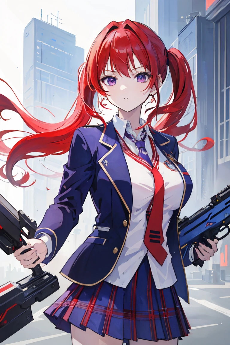 (masterpiece, Highest quality:1.2), highest quality, masterpiece, high resolution, Anime style, female, 1 girl, portraiture, red hair, ash red hair, twin tail, purple eyes, blue check skirt, uniform, cream blazer, wite shirt, red tie, competitive, bullish, big breasts, mechanic wing, combat structure, having futuristic gun