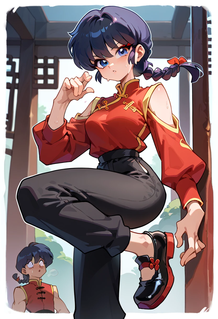 black outline , white outline, thick outline, red eyeliner, ((1 boy)), male focus, (male:1.4), black hair, single braid, ranma, blue eyes, coloring, Chinese clothing, tangzhuang, red shirt, prominent veins, tied pants, black pants, dynamic poses , ((fighting poses)), big shoulders,sweat, black shoes, chinese shoes