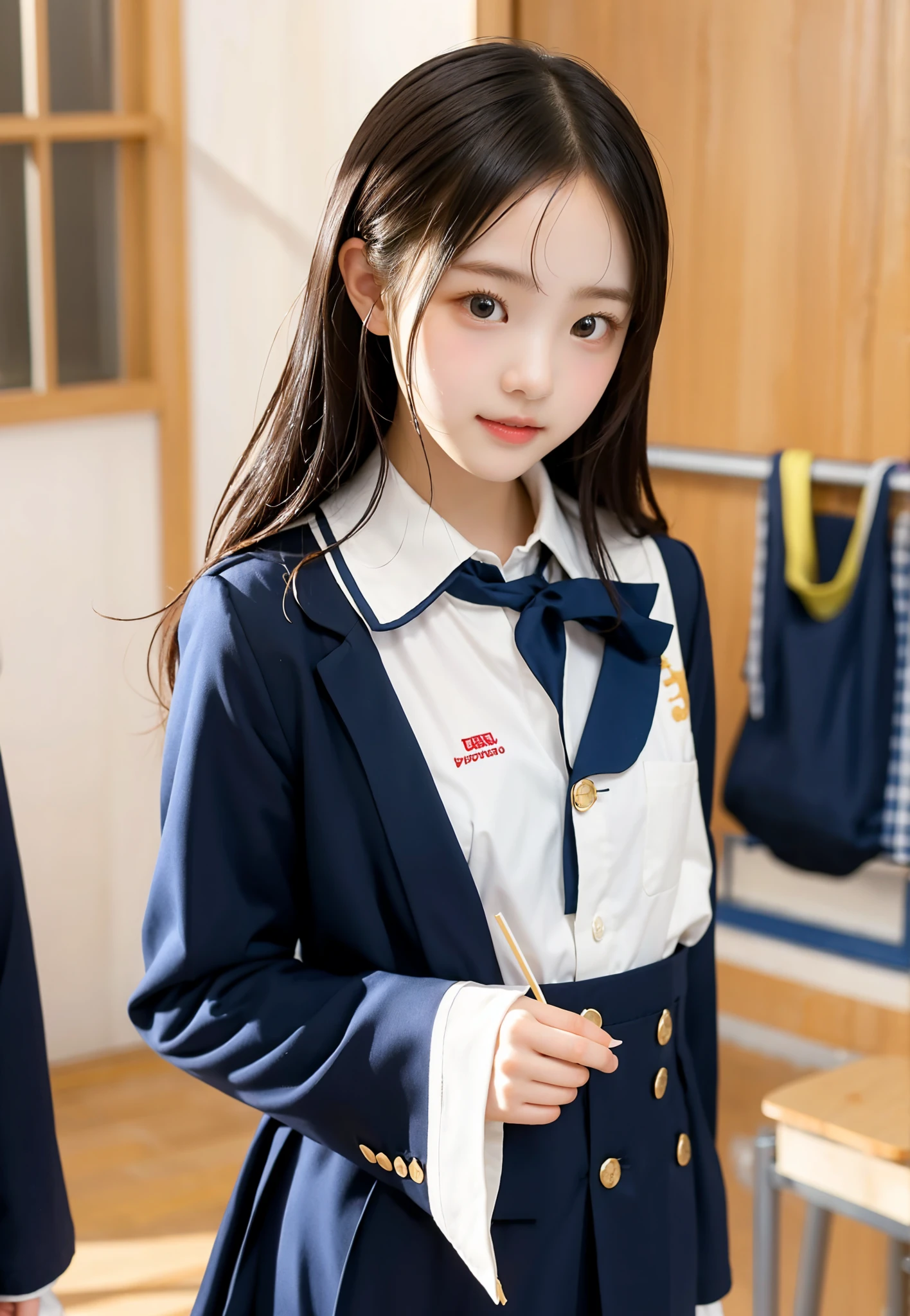  s,uniform,Line up quietly before entering the classroom, girl,cute, Masterpiece, Details