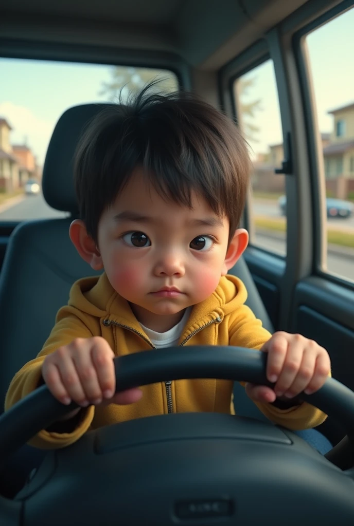 There was a boy driving a car with a steering wheel, driving car, , driver, Driving, looks smart, takata yamamoto style, Good morning, kidbig breasts, shot with iphone 1 0, Drive a small toy car, Gamine, Drive fast, motivational, Photo Hot, A handsome, koyoharu gotouge, jinyiwei, Elementary anime,Vintage background
