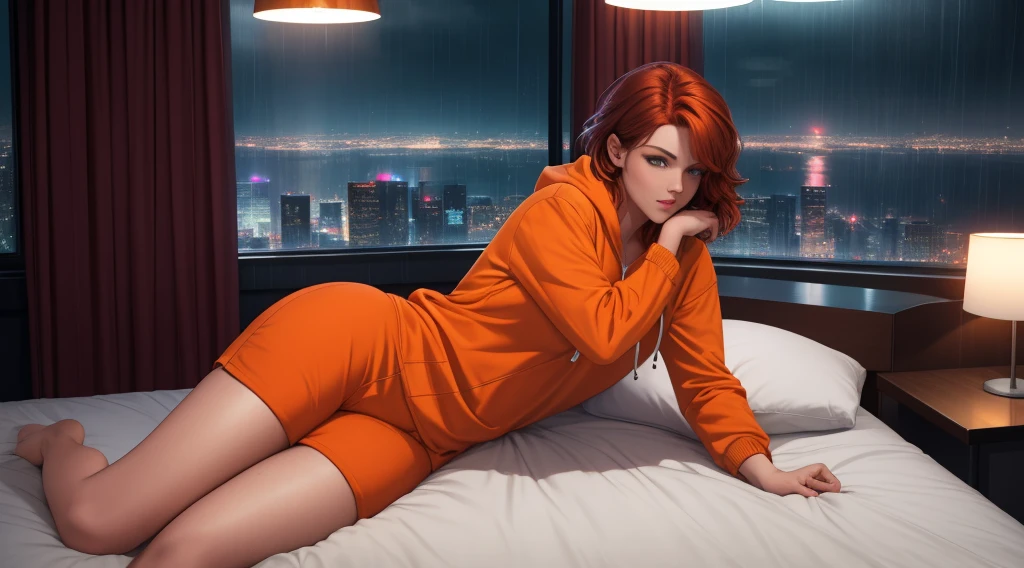 "Create a cinematic, cozy bedroom at nighttime with a modern urban setting. A large glass window reveals a futuristic cityscape with neon lights glowing against a rainy backdrop. The perspective is from a distance, showing the entire bedroom layout. A young woman med breast with short auburn hair lies comfortably on the bed, fully visible, her body relaxed with her legs stretched out naturally. She wears an orange hoodie and fitted blue jeans. The bed is neatly made with soft green bedding, and warm light from a bedside lamp contrasts with the cool, rainy city view. The wooden floor, plants, and small decor details complete the tranquil and reflective atmosphere."
