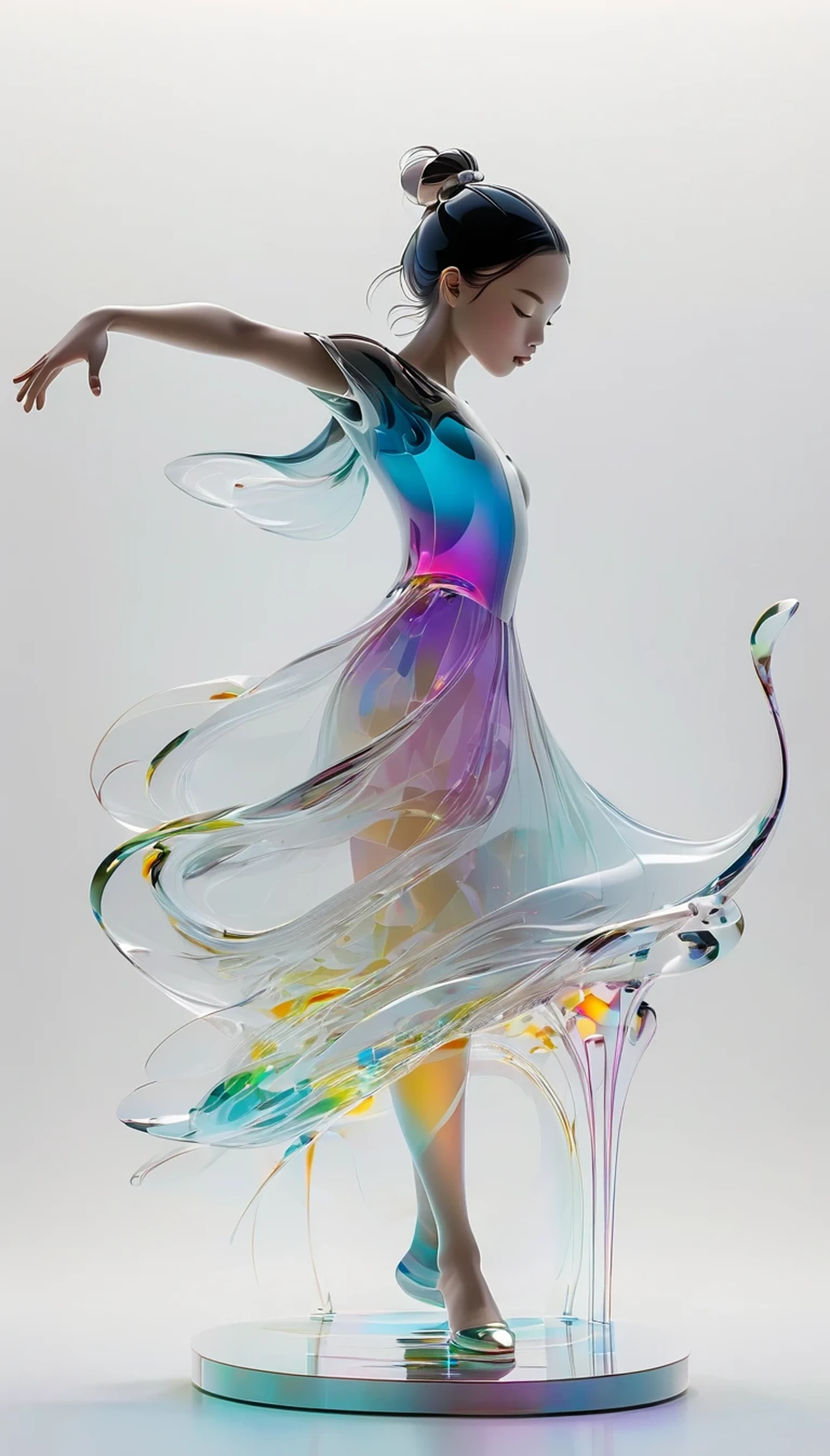 graphic design,Big black canvas, Dance of freedom,White Space,1 colored glass transparent 3D full sculpture,Bottom flow melting,Facial Luminescence Line,simple, Minimalism ,beautiful girl,Soft and elegant colors,,Dark background,Luminescence