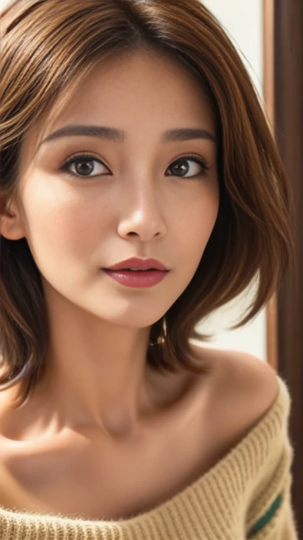 (a portrait with sharp focus and crisp quality, highlighting the subject's facial features)、One Mature Woman、 wearing an off-the-shoulder sweater and focusing on the face、 shot from the front 、