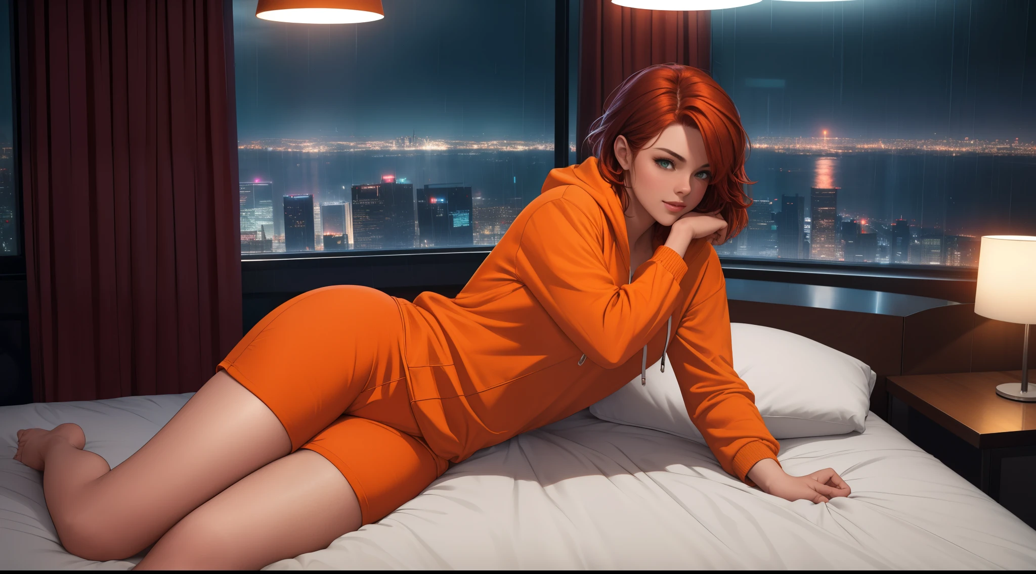 "Create a cinematic, cozy bedroom at nighttime with a modern urban setting. A large glass window reveals a futuristic cityscape with neon lights glowing against a rainy backdrop. The perspective is from a distance, showing the entire bedroom layout. A young woman med breast with short auburn hair lies comfortably on the bed, fully visible, her body relaxed with her legs stretched out naturally. She wears an orange hoodie and fitted blue jeans. The bed is neatly made with soft green bedding, and warm light from a bedside lamp contrasts with the cool, rainy city view. The wooden floor, plants, and small decor details complete the tranquil and reflective atmosphere."
