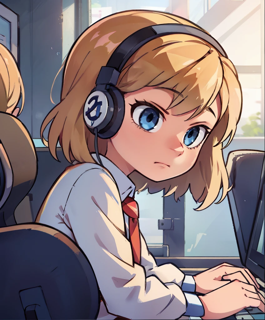 riley andersen, (1 girl), working in a call center, Blonde, blue eyes, 