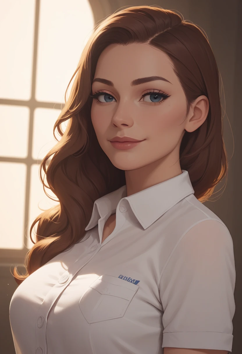 score_9, score_8_up, score_7_up, award-winning masterpiece, 1girl, sy3sw33, seductive smile, polo shirt and khakis, under fill lighting, vertical angle 