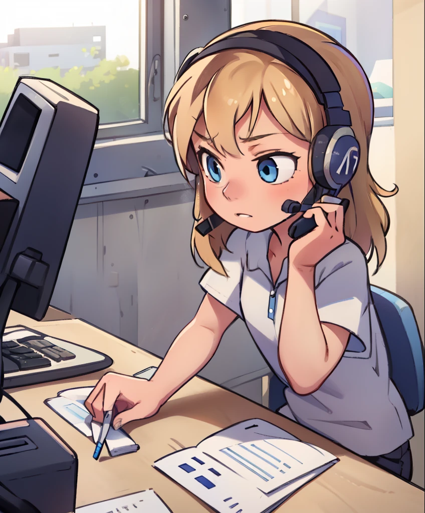riley andersen, (1 girl), working in a call center, Blonde, blue eyes,