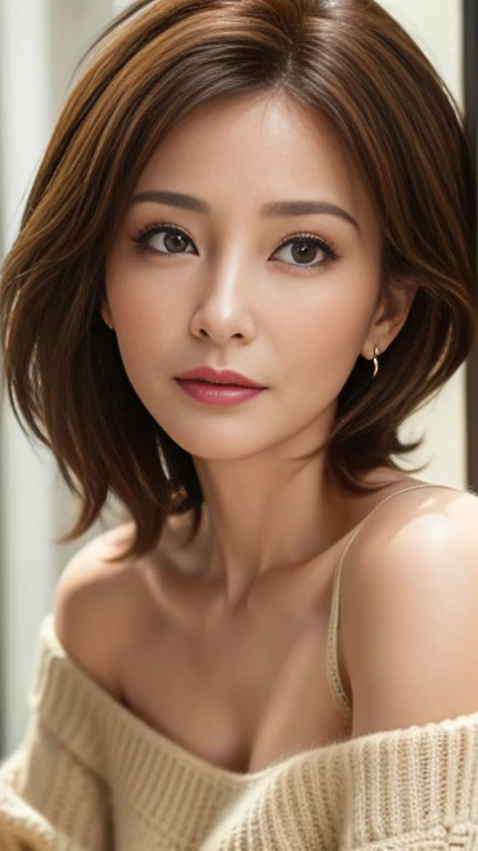 (a portrait with sharp focus and crisp quality, highlighting the subject's facial features)、One Mature Woman、50 years old、 wearing an off-the-shoulder sweater and focusing on the face、( shot from the front :1.4)、 is placed in the center of the screen、