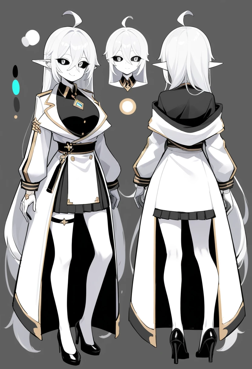 ((masterpiece)),(((best quality))),(character design sheet, same character, front, side, back), illustration, male, big chest, feminine, white skin, white eyes, black sclera, ahoge, absurdly long hair, white hair, white gloves, hair over eyes, hair between eyes, (white jacket:1.1), Electric, energetic, mystical, playful, cute, dangerous, godlike, cute, concept art，character concept art，character sketch，Reference table，character sheet, like enitity, cute, cuddly, , small, powerful, smug, ((enigma)), confusing, eccentric, chaotic, fansty, traveler, adventurer. nfsw, monochrome, monochromatic
