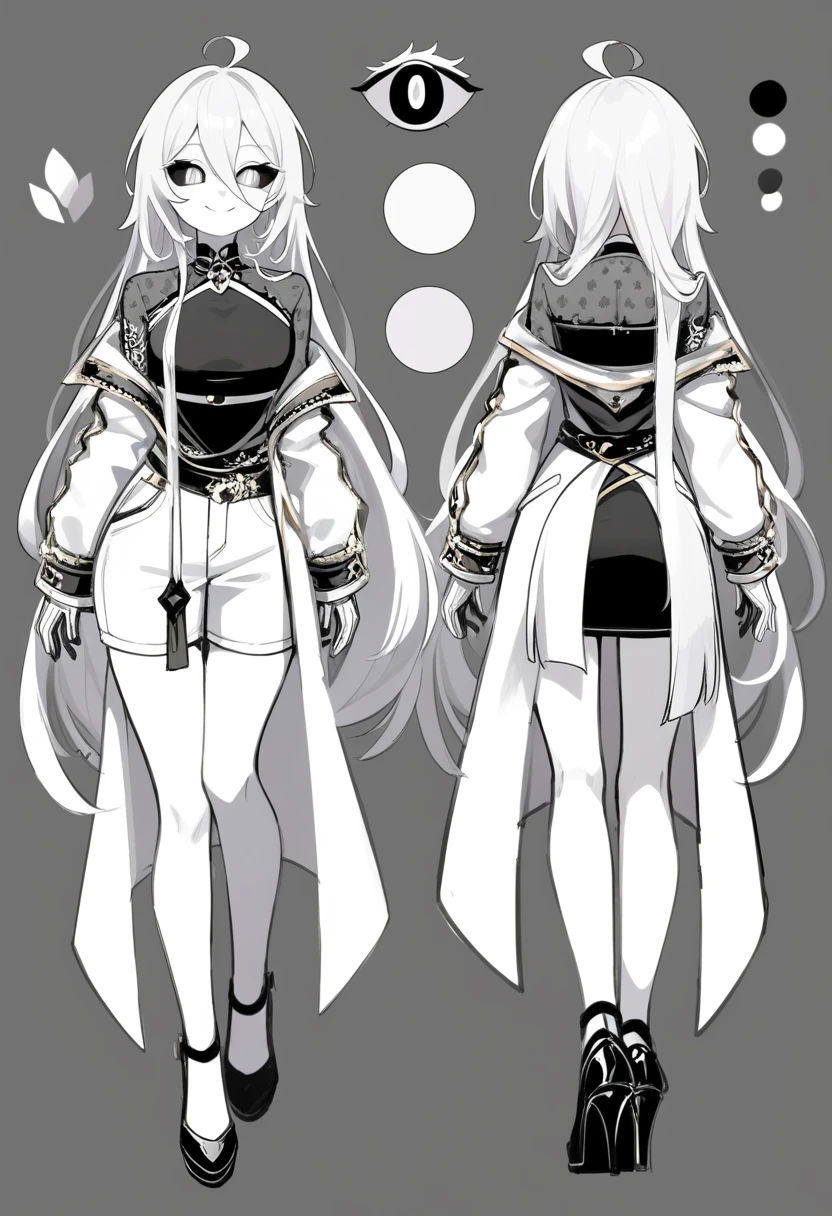 ((masterpiece)),(((best quality))),(character design sheet, same character, front, side, back), illustration, male, big chest, feminine, white skin, white eyes, black sclera, ahoge, absurdly long hair, white hair, white gloves, hair over eyes, hair between eyes, (white jacket:1.1), Electric, energetic, mystical, playful, cute, dangerous, godlike, cute, concept art，character concept art，character sketch，Reference table，character sheet, like enitity, cute, cuddly, , small, powerful, smug, ((enigma)), confusing, eccentric, chaotic, fansty, traveler, adventurer. nfsw, monochrome, monochromatic
