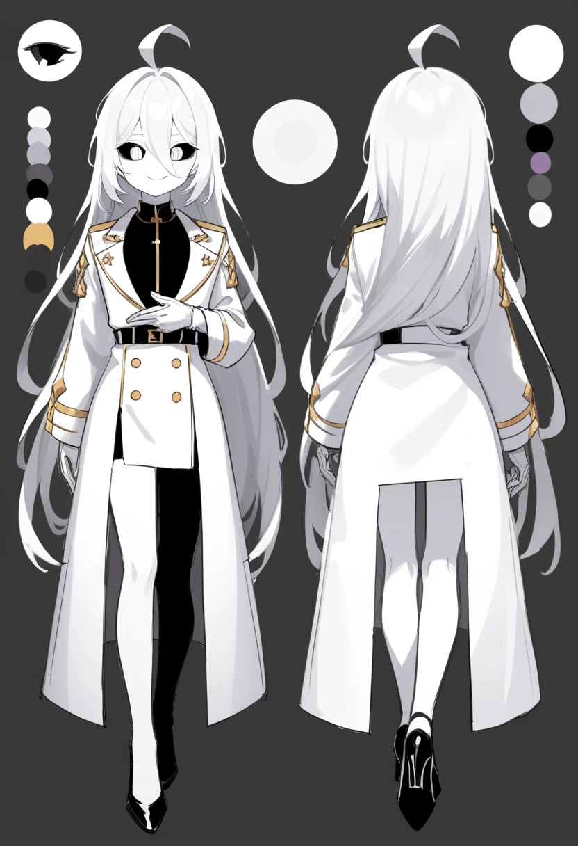 ((masterpiece)),(((best quality))),(character design sheet, same character, front, side, back), illustration, male, big chest, feminine, white skin, white eyes, black sclera, ahoge, absurdly long hair, white hair, white gloves, hair over eyes, hair between eyes, (white jacket:1.1), Electric, energetic, mystical, playful, cute, dangerous, godlike, cute, concept art，character concept art，character sketch，Reference table，character sheet, like enitity, cute, cuddly, , small, powerful, smug, ((enigma)), confusing, eccentric, chaotic, fansty, traveler, adventurer. nfsw, monochrome, monochromatic
