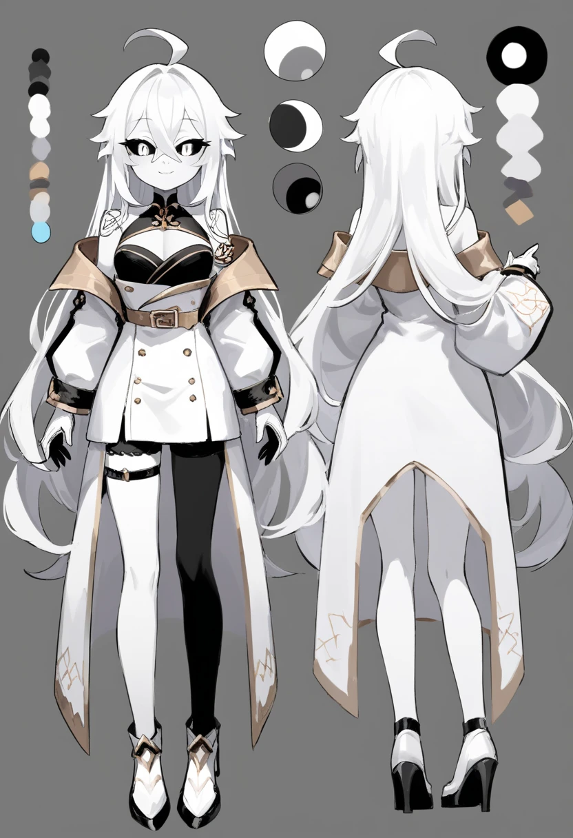 ((masterpiece)),(((best quality))),(character design sheet, same character, front, side, back), illustration, male, big chest, feminine, white skin, white eyes, black sclera, ahoge, absurdly long hair, white hair, white gloves, hair over eyes, hair between eyes, (white jacket:1.1), Electric, energetic, mystical, playful, cute, dangerous, godlike, cute, concept art，character concept art，character sketch，Reference table，character sheet, like enitity, cute, cuddly, , small, powerful, smug, ((enigma)), confusing, eccentric, chaotic, fansty, traveler, adventurer. nfsw, monochrome, monochromatic
