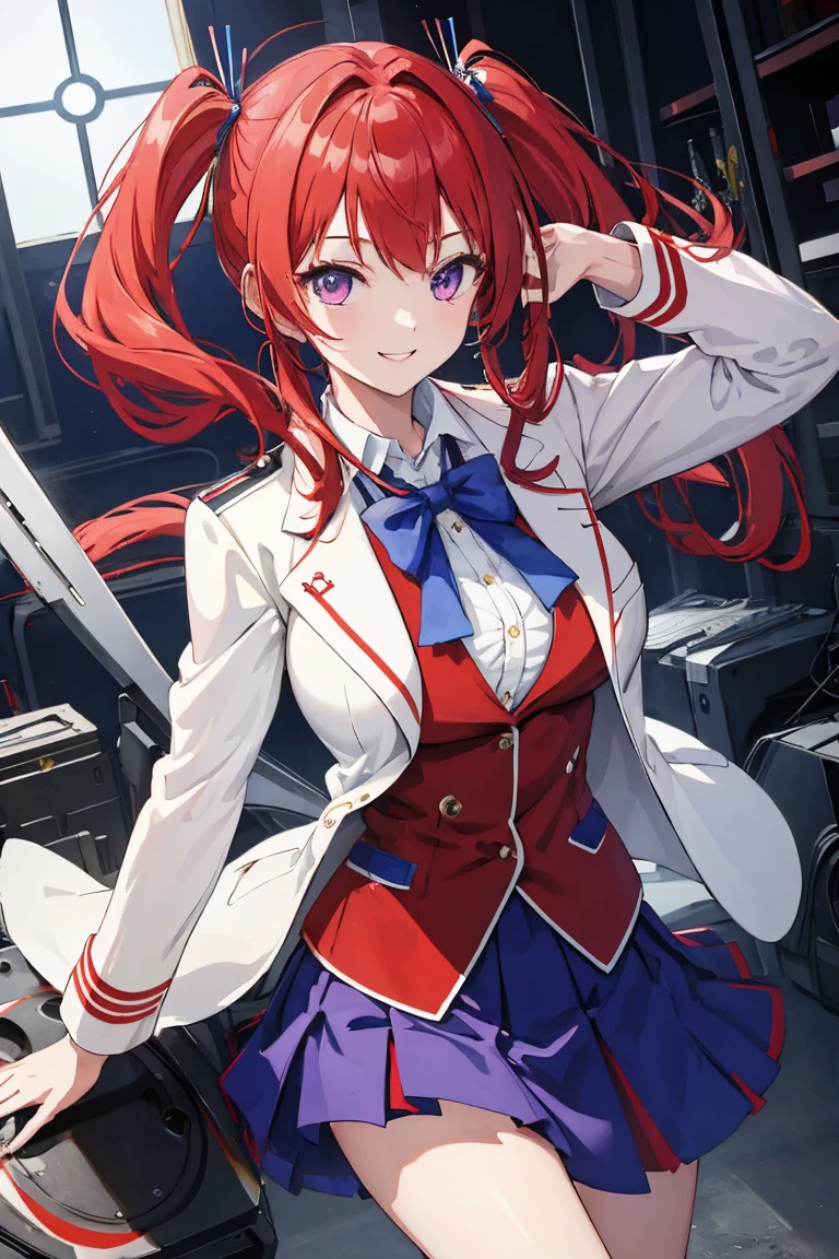 (masterpiece, Highest quality:1.2), highest quality, masterpiece, high resolution, Anime style, female, 1 girl, portraiture, vermilion hair, light red hair, twin tail, purple eyes, blue check skirt, blue bottoms, uniform, cream blazer, white shirt, red tie, competitive, bullish smile, big breasts, (mechanic wing, thrusters), combat structure, having futuristic lifle