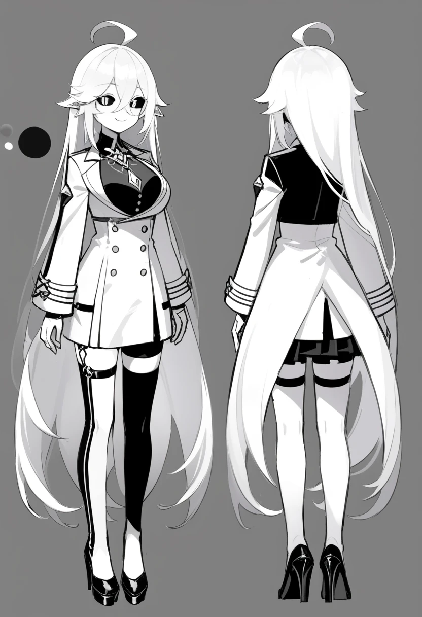 ((masterpiece)),(((best quality))),(character design sheet, same character, front, side, back), illustration, male, big chest, feminine, white skin, white eyes, black sclera, ahoge, absurdly long hair, white hair, white gloves, hair over eyes, hair between eyes, (white jacket:1.1), Electric, energetic, mystical, playful, cute, dangerous, godlike, cute, concept art，character concept art，character sketch，Reference table，character sheet, like enitity, cute, cuddly, , small, powerful, smug, ((enigma)), confusing, eccentric, chaotic, fansty, traveler, adventurer. nfsw, monochrome, monochromatic
