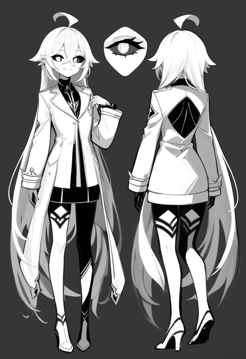 ((masterpiece)),(((best quality))),(character design sheet, same character, front, side, back), illustration, male, big chest, feminine, white skin, white eyes, black sclera, ahoge, absurdly long hair, white hair, white gloves, hair over eyes, hair between eyes, (white jacket:1.1), Electric, energetic, mystical, playful, cute, dangerous, godlike, cute, concept art，character concept art，character sketch，Reference table，character sheet, like enitity, cute, cuddly, , small, powerful, smug, ((enigma)), confusing, eccentric, chaotic, fansty, traveler, adventurer. nfsw, monochrome, monochromatic
