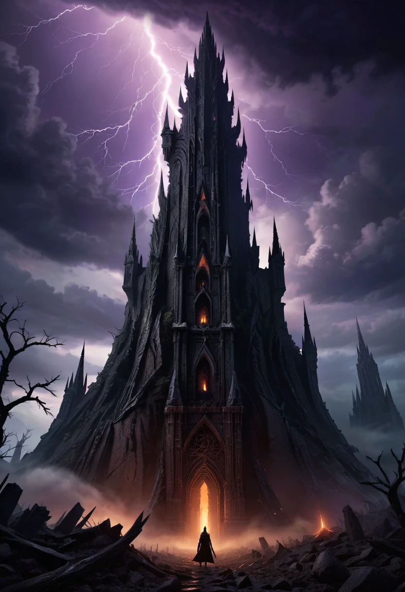 (masterpiece:1.3), (ultra quality:1.3), (highly detailed), cinematic composition, low-angle shot of a colossal dark tower rising from cracked, ashen ground, gothic spires, intricate carvings, swirling black mist at its peak, looming over a barren wasteland scattered with twisted, dead trees and crumbling ruins, ominous glowing runes etched into obsidian walls, dark fantasy atmosphere, stormy purple-black skies lit by distant forked lightning, dramatic backlighting accentuating the tower's massive silhouette, faint embers drifting in the air, depth of field, volumetric fog, 8K resolution, photorealistic textures, epic scale, trending on artstation, refined details, (((dark moody lighting))), sharp focus
