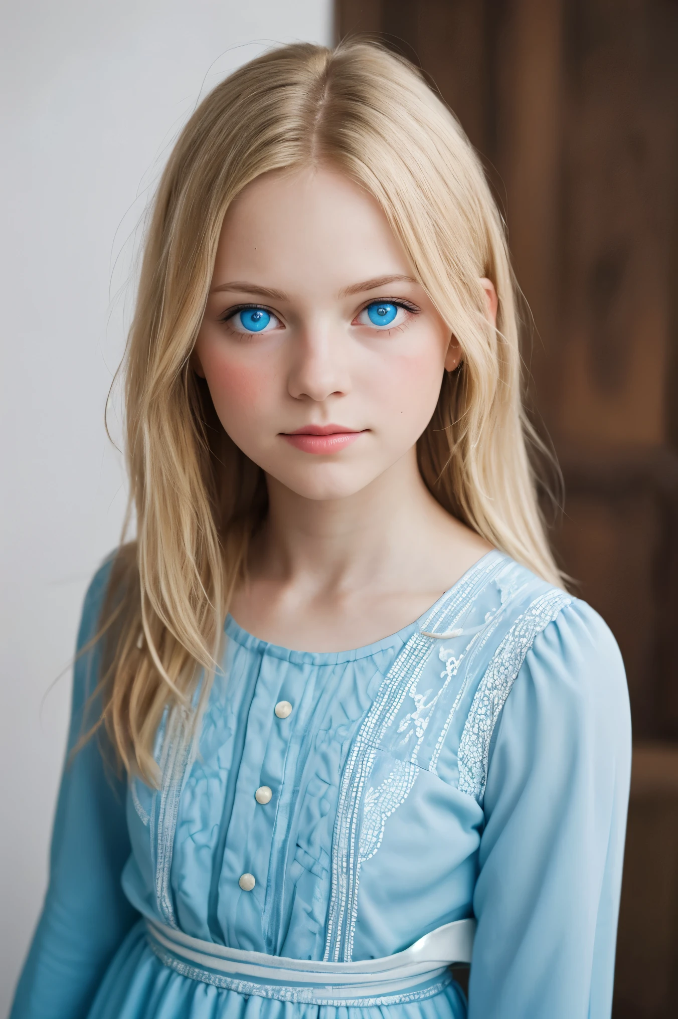 portrait, taken with Leica, Girl , long blonde hair , blue eyes , In cute dress