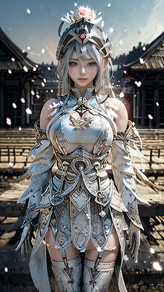  A young Japanese woman , warrior, Combat Stance, ((wielding a sword)),  very detailedな, realisti,seductive smile,  Brilliant Appearance , NFSW:1.3, Creative Action,  extremely detailed, Imaginative,  sensual,  Spontaneous ,  top quality,  skin texture, ((bob cut)), (((silver hair:1.3))),  ((aqua eyes)),  toned body,(big breasts:1.8), Big Breasts,  plump thighs, White armor engraved with a peony flower pattern, ((sideboob)),  wear a black cloak with a peony flower pattern , garter skirt,  white shin guard with peony engraved on it , White high-leg underwear ,   Black Tights ,   absolute domain,  Intricate Details  , (historic European village at sunset),  cinematic lighting ,  Dramatic lighting, ( White peony flowers in full bloom ),( Large white peony flowers in full bloom on the front ), (confetti),   RAW photos , 8k, masterpiece,   top quality, ultra detailed , very detailed,  Intricate Details  , high definition ,超 Intricate Details , very detailed 8 kcg wallpaper,