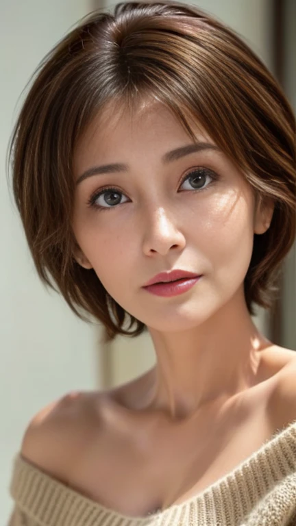 (a portrait with sharp focus and crisp quality, highlighting the subject's facial features)、One Mature Woman、50 years old、 wearing an off-the-shoulder sweater and focusing on the face、( shot from the front :1.4)、 is placed in the center of the screen、 pixie cut hair 、Like_a_Aunt_cass