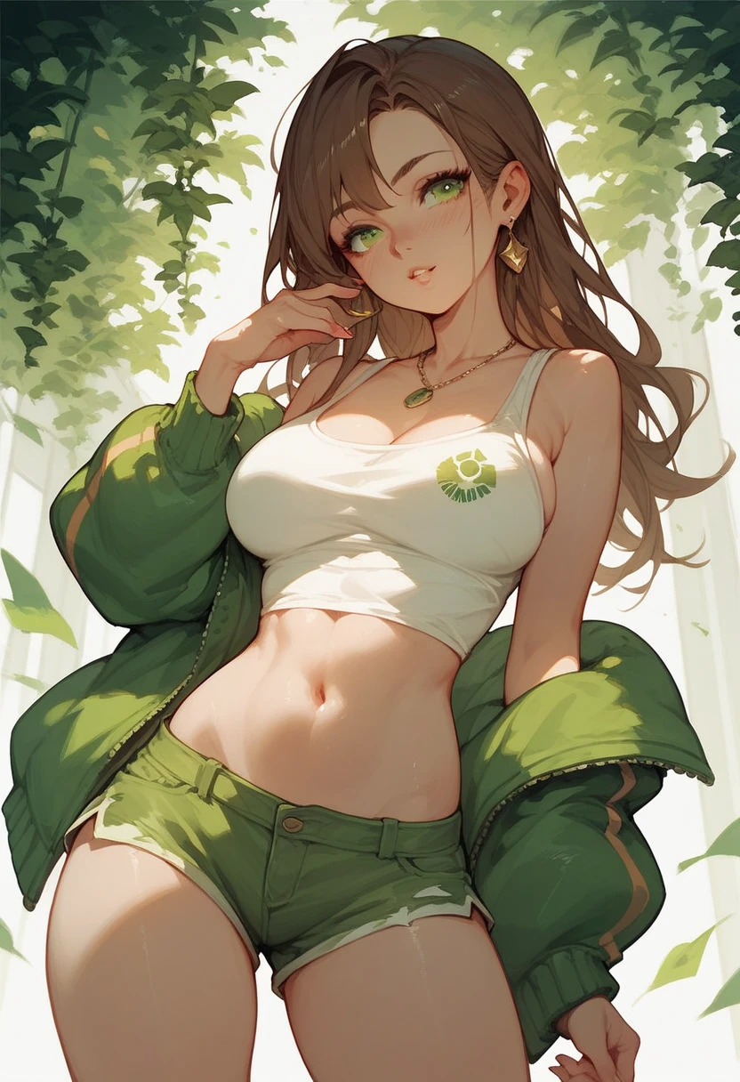 Faery with ((Insect wings)) that looks Verry Cute, sitting on Mushroom ,green under clothes, bare midriff, Holding A Big Leave as Umbrella