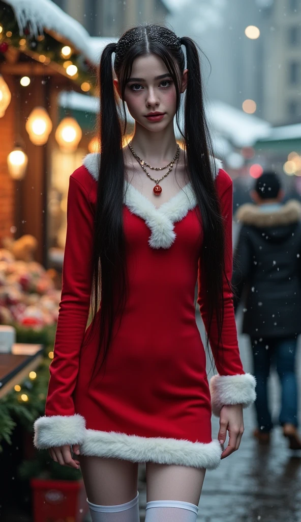 a cinematic full body pictrue of a Russian slim skinny teen girl holding an white AR-15 assult rifle, with white vampire color of skin with two Black pony tails long hair to the ground, heavy pastelle Make up with long eye lashes and pink rouge, with a necklace with the text "Love Santa" written on it. (Dressed as santa claus in a skin tight school girl with chrismast dress), super long skinny legs with white over the knee stockings, snow in the air evenning at the christmas market, christmas theme background with christmas tree,Fullbody shot showing legs and feet,