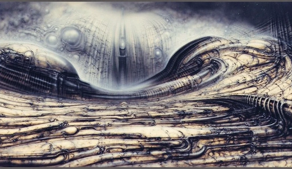 H. R. Giger's g1g3r, , Giger_style, The image is a detailed view of H.R. Giger's \" for Judith \" plate, featuring (  The image is a painting of a futuristic cityscape with a mix of architectural and fantastical elements. By Giger in gigeresque style  ) H R GIGER's biomechanical is a digital artwork featuring  vertical city set against a backdrop of intricate mechanical pipes and wires.
The piece is a tableau, most likely created with a India ink pen or pencil on paper, determined by the thin lines, shading techniques, and the texture of the paper, which is visible around the edges. Used is pen, given the shading and variations in line weight visible in the image. One have used a variety of pencils with different degrees of hardness to achieve the shading effects.

The style  is clearly biomechanical. Features combination of organic and mechanical forms. Mechanical elements dominate the composition, there are subtle organic hints. The use of undersaturated purple-grays dark contrasts creates a stark and graphic look. Is used a variety of linework techniques to create different textures. Fine, parallel lines create a smooth, metallic texture,while thicker, more cursive lines suggest cables or wires. Machines fills most, with its central cylindric structure acting as the focal point. Parallel lines emanating from this central structure used to create a sense of depth and movement. Being overwhelmingly mechanical, there are subtle suggestions of organic forms.

The art performance showcases the artist’s skills in observation and rendering. The level of detail in the piece suggests a close study of real bone specimens and anatomy. The artist has skillfully used shading techniques to create a convincing illusion of three-dimensionality on a flat surface.The wrinkles and cracks in the surface, and the cast shadows with accuracy, used shading techniques to create a realistic depiction of light and shadow on the objects. This creates a sense of depth and dime